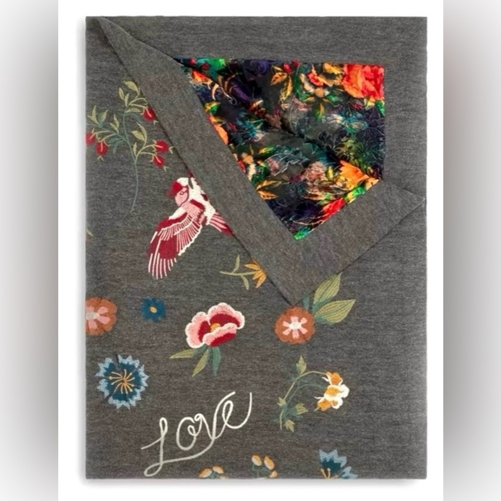 JOHNNY WAS Rana Throw Blanket Reversible Gray / Embroidery Reverse Floral NWT
